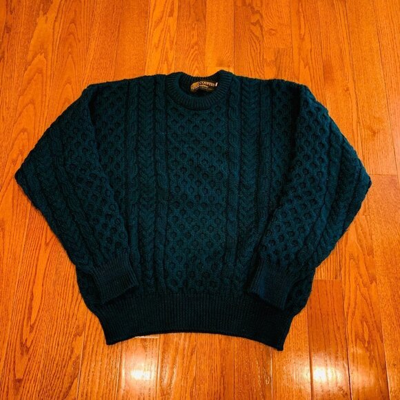 Country Knitwear Irish Wool Sweater Cable Knit Large Green Made In Ireland - Picture 1 of 16